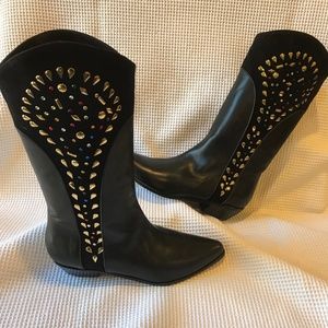 Black Leather and Suede boots with ornaments Sz.36.5 US size 7